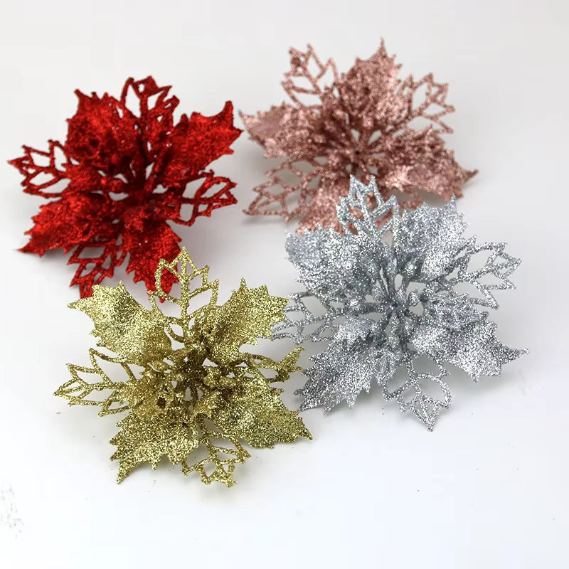 Lot de 10 fleurs scintillantes pour Noël– Décorations florales artificielles multicolores – Ornements élégants et tendances 2025