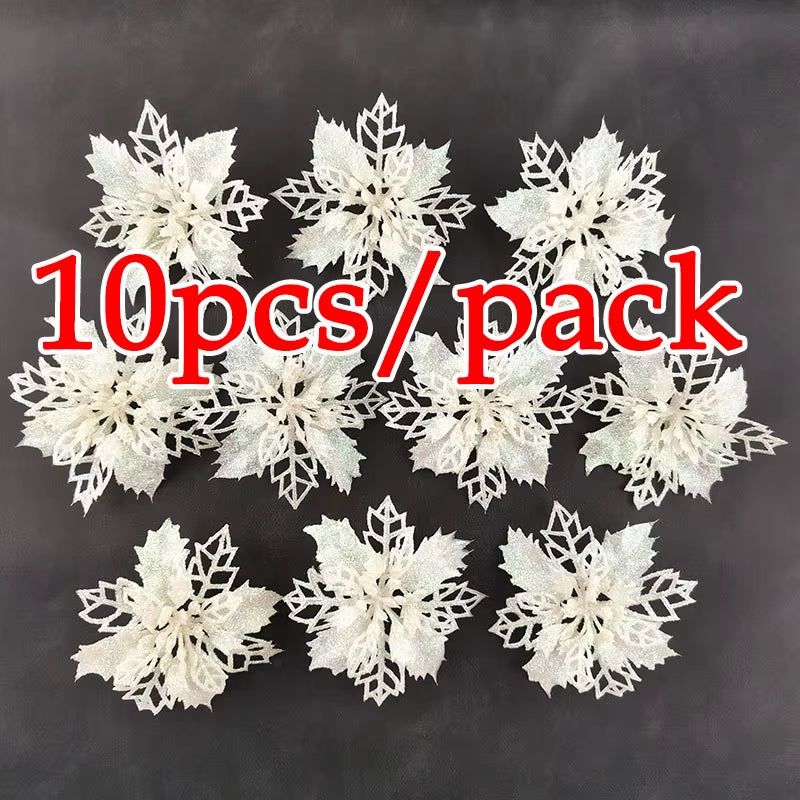 Lot de 10 fleurs scintillantes pour Noël– Décorations florales artificielles multicolores – Ornements élégants et tendances 2025